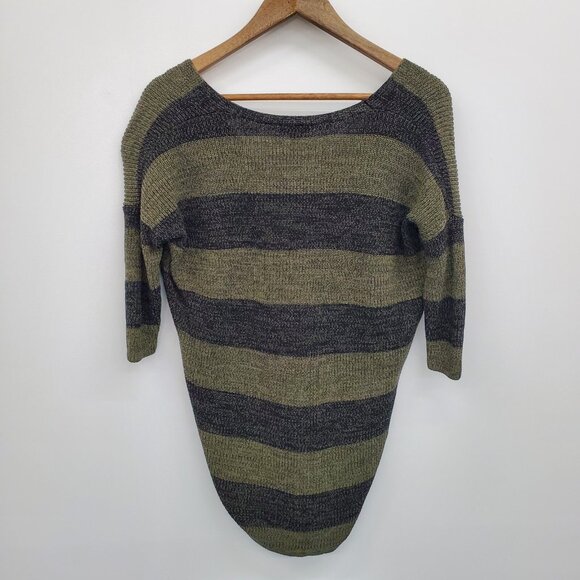 Womens XS Olive Black Striped Sweater Grungecore Knit Slouchy V-Neck Fall Top - Picture 4 of 15